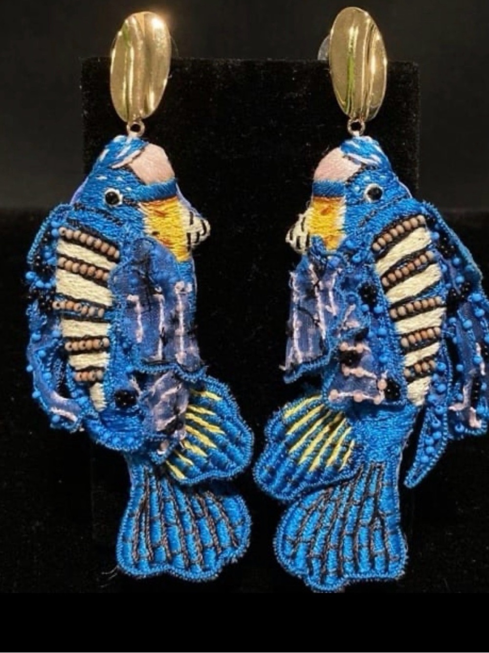 Mignonne Gavigan Blue and Yellow Embroidered Fish Earrings